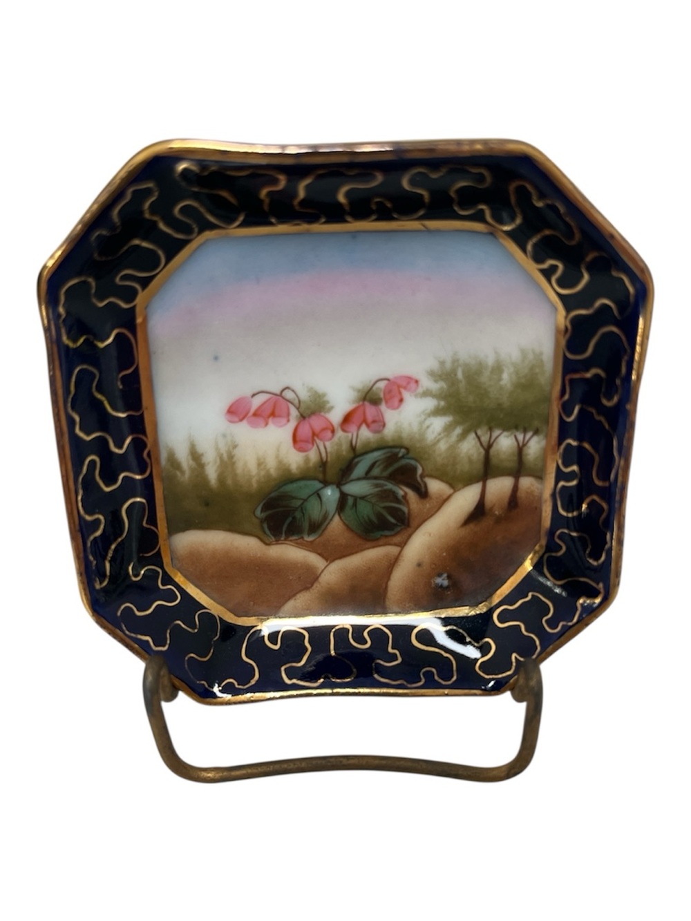 Antique Miniature Porcelain Cobalt Blue Gilded Landscape Trinket Dish with Stand